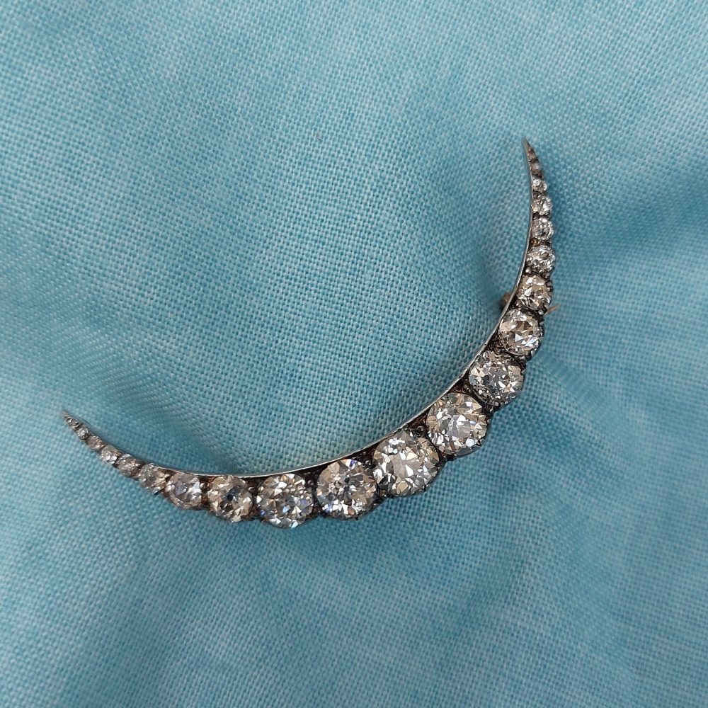 Antique Victorian Old Cut Diamond Crescent Brooch