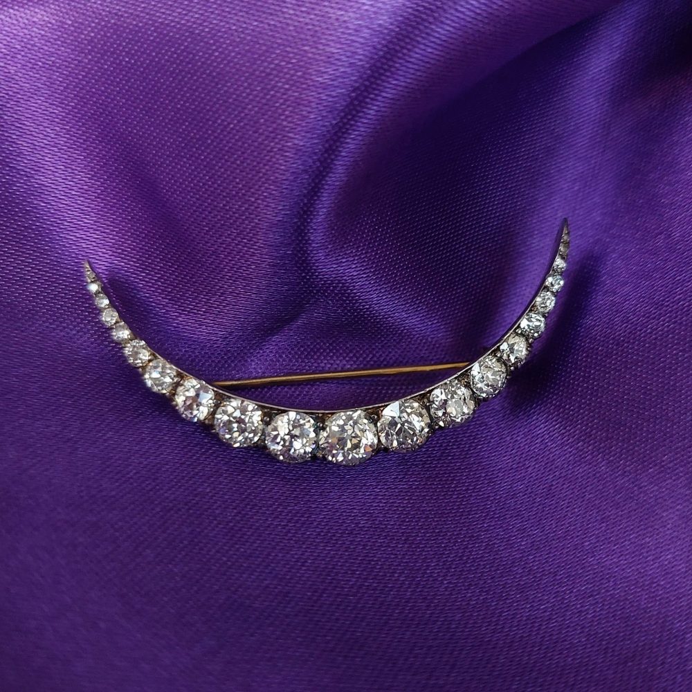 Antique Victorian Old Cut Diamond Crescent Brooch