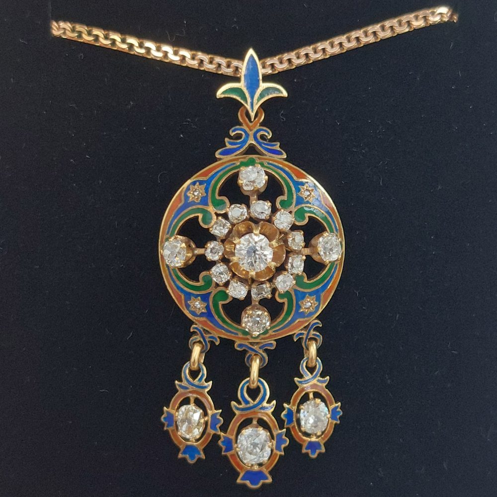 Antique Victorian Diamond and Enamel Holbeinesque Pendant Necklace