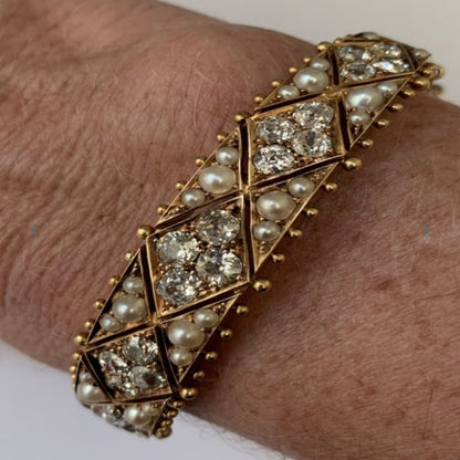 Antique Victorian Old Cut Diamond Pearl Gold Bangle Bracelet