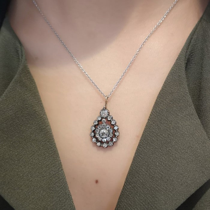 On Model Antique Victorian Old Cut Diamond Pendant and Chain