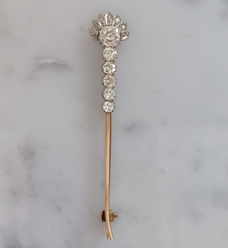 Antique Art Deco Old Mine Cut Diamond Pin Brooch, 1 carat