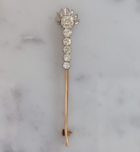 Antique Art Deco Old Mine Cut Diamond Pin Brooch, 1 carat