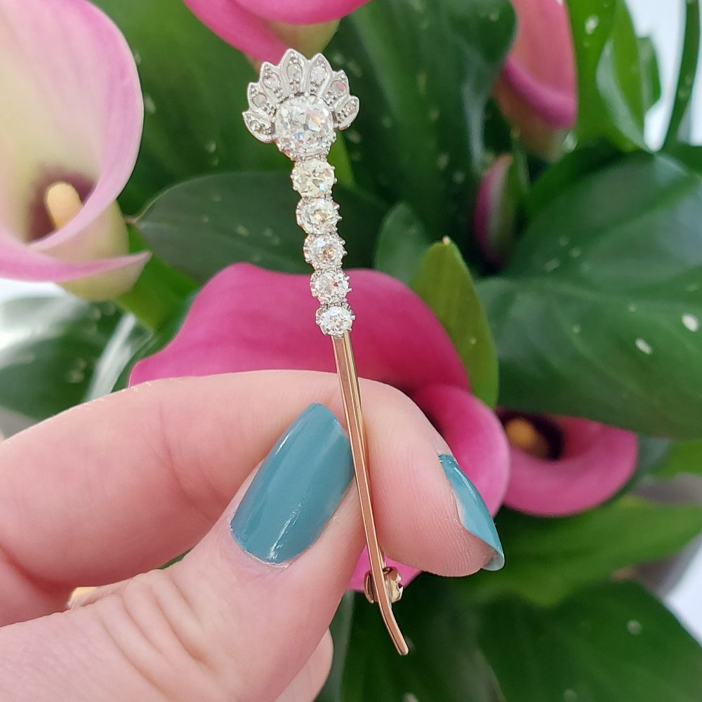 Antique Art Deco Old Mine Cut Diamond Pin Brooch, 1 carat