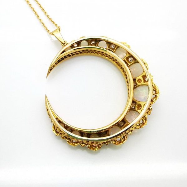 Antique Victorian Opal And Diamond Crescent Pendant, Circa 1888