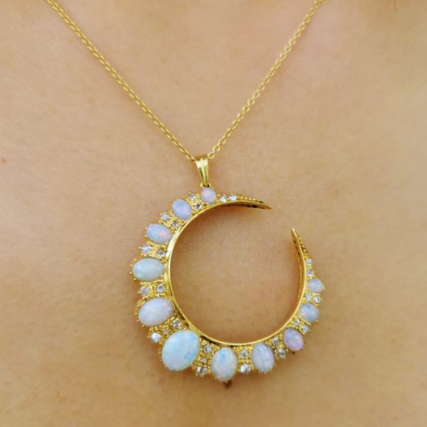 Antique Victorian Opal And Diamond Crescent Pendant, Circa 1888