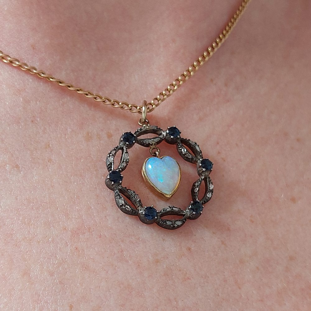 Antique Victorian Opal Heart Sapphire and Diamond Pendant