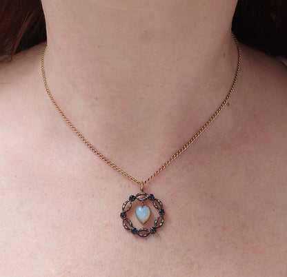 Antique Victorian Opal Heart Sapphire and Diamond Pendant