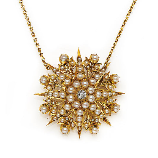 Antique Victorian Pearl and Diamond Brooch Pendant