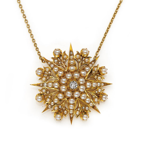 Antique Victorian Pearl and Diamond Brooch Pendant