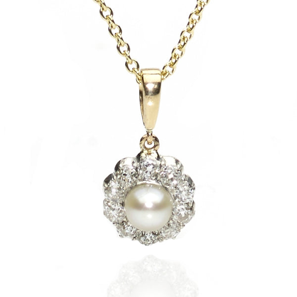 Antique Victorian Pearl and Diamond Cluster Pendant Necklace