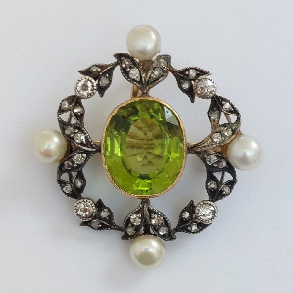Antique Victorian Peridot Natural Pearl and Diamond Brooch Pendant