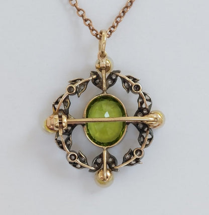 Antique Victorian Peridot Natural Pearl and Diamond Brooch Pendant