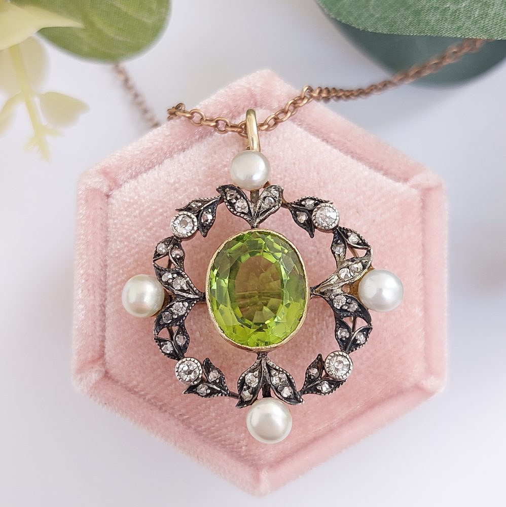 Antique Victorian Peridot Natural Pearl and Diamond Brooch Pendant