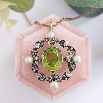 Antique Victorian Peridot Natural Pearl and Diamond Brooch Pendant