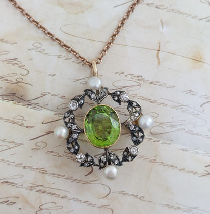 Antique Victorian Peridot Natural Pearl and Diamond Brooch Pendant