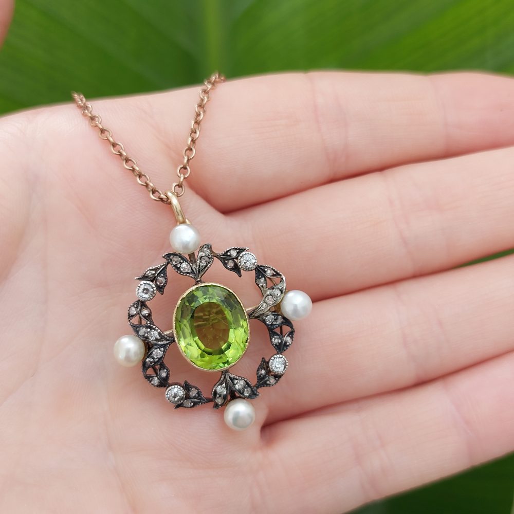 Antique Victorian Peridot Natural Pearl and Diamond Brooch Pendant