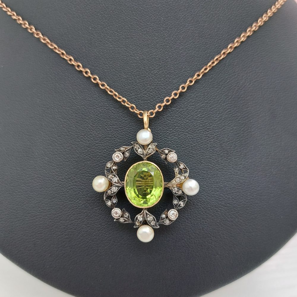 Antique Victorian Peridot Natural Pearl and Diamond Brooch Pendant