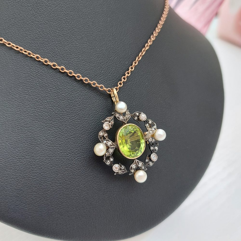 Antique Victorian Peridot Natural Pearl and Diamond Brooch Pendant
