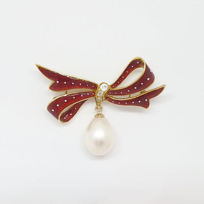 Antique Victorian Red Enamel, Diamond and Pearl Bow Brooch
