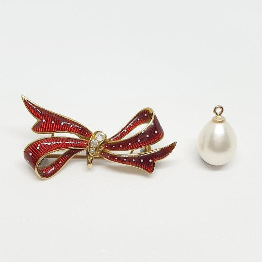 Antique Victorian Red Enamel, Diamond and Pearl Bow Brooch