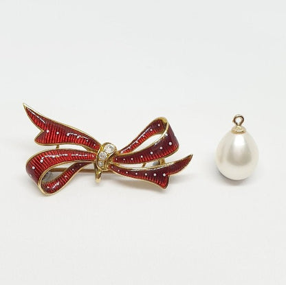 Antique Victorian Red Enamel, Diamond and Pearl Bow Brooch