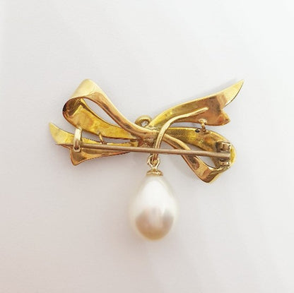 Antique Victorian Red Enamel, Diamond and Pearl Bow Brooch