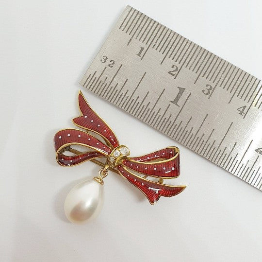 Antique Victorian Red Enamel, Diamond and Pearl Bow Brooch
