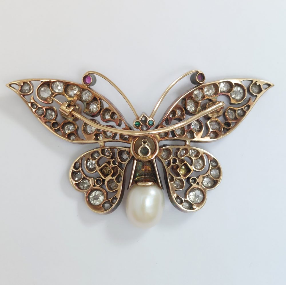 Antique Victorian Ruby Diamond and Pearl Butterfly Brooch