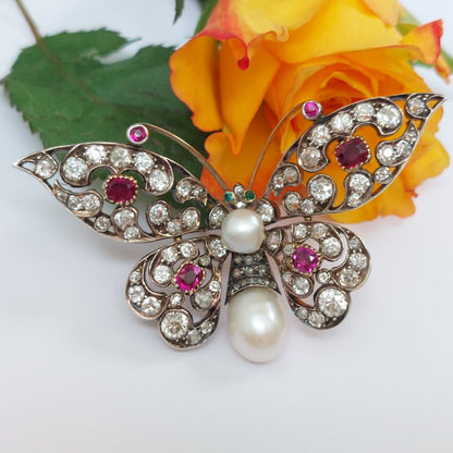 Antique Victorian Ruby Diamond and Pearl Butterfly Brooch