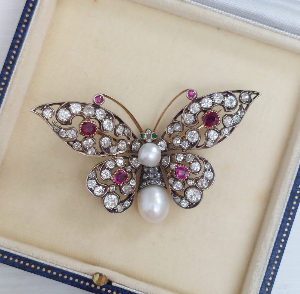 Antique Victorian Ruby Diamond and Pearl Butterfly Brooch