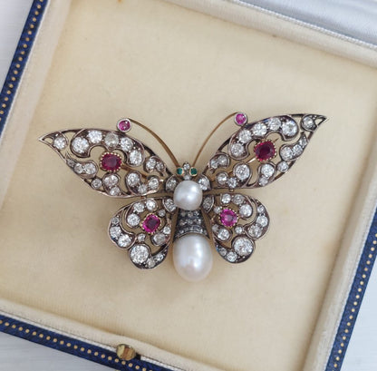 Antique Victorian Ruby Diamond and Pearl Butterfly Brooch