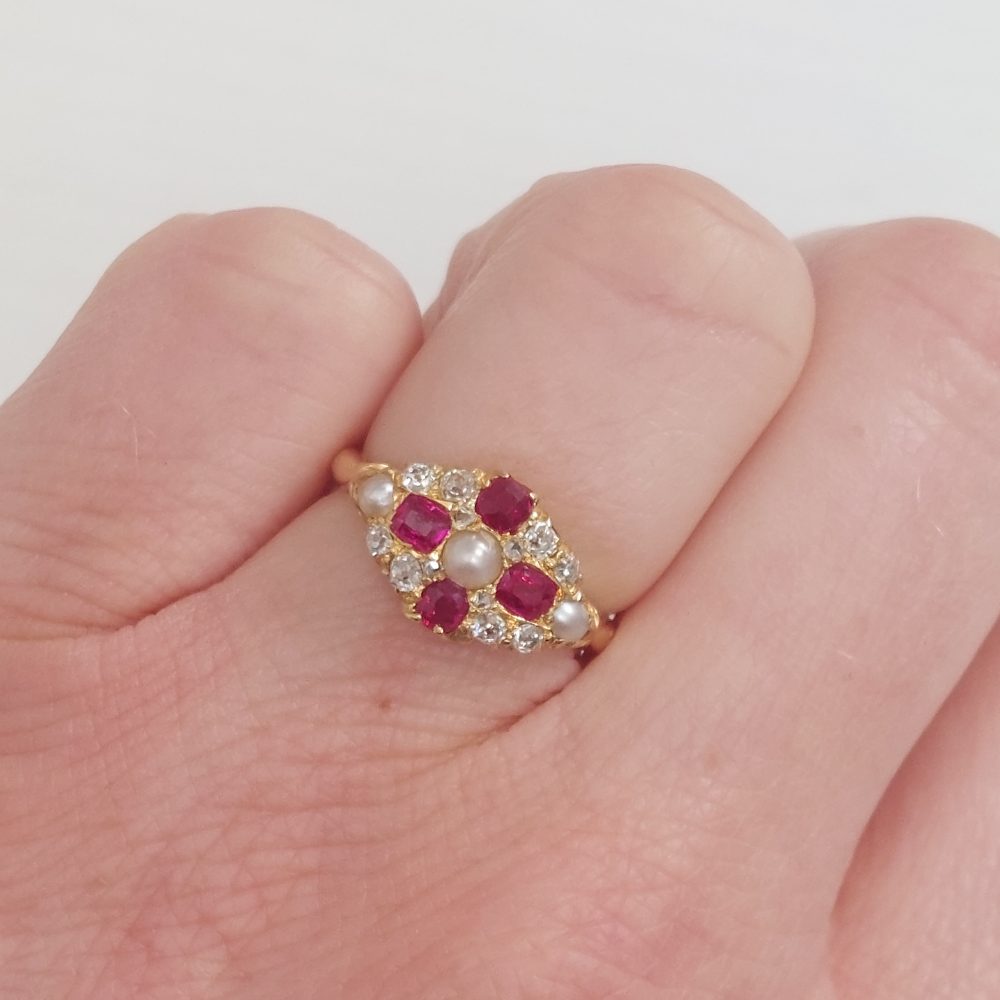 Antique Victorian Ruby Diamond and Pearl Ring