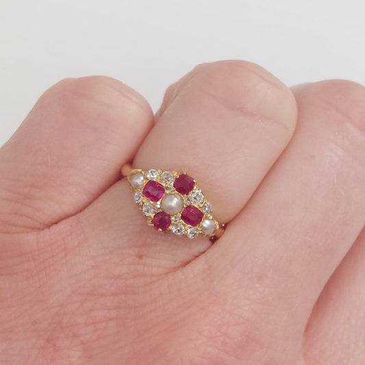 Antique Victorian Ruby Diamond and Pearl Ring