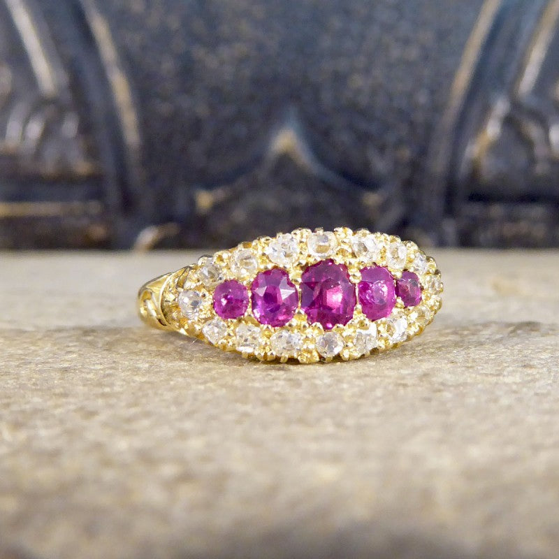 Antique Victorian Ruby Five Stone and Diamond Cluster Ring