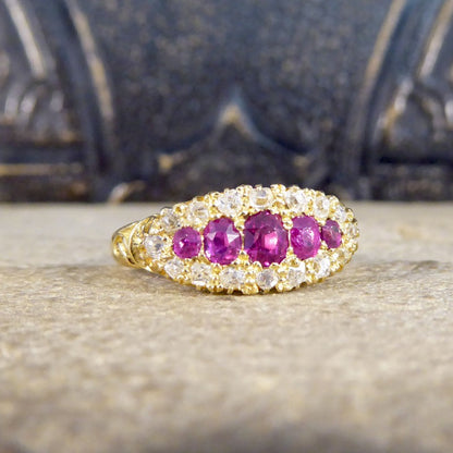 Antique Victorian Ruby Five Stone and Diamond Cluster Ring