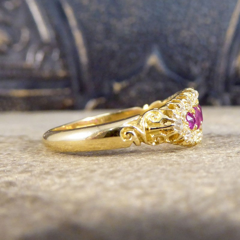 Antique Victorian Ruby Five Stone and Diamond Cluster Ring