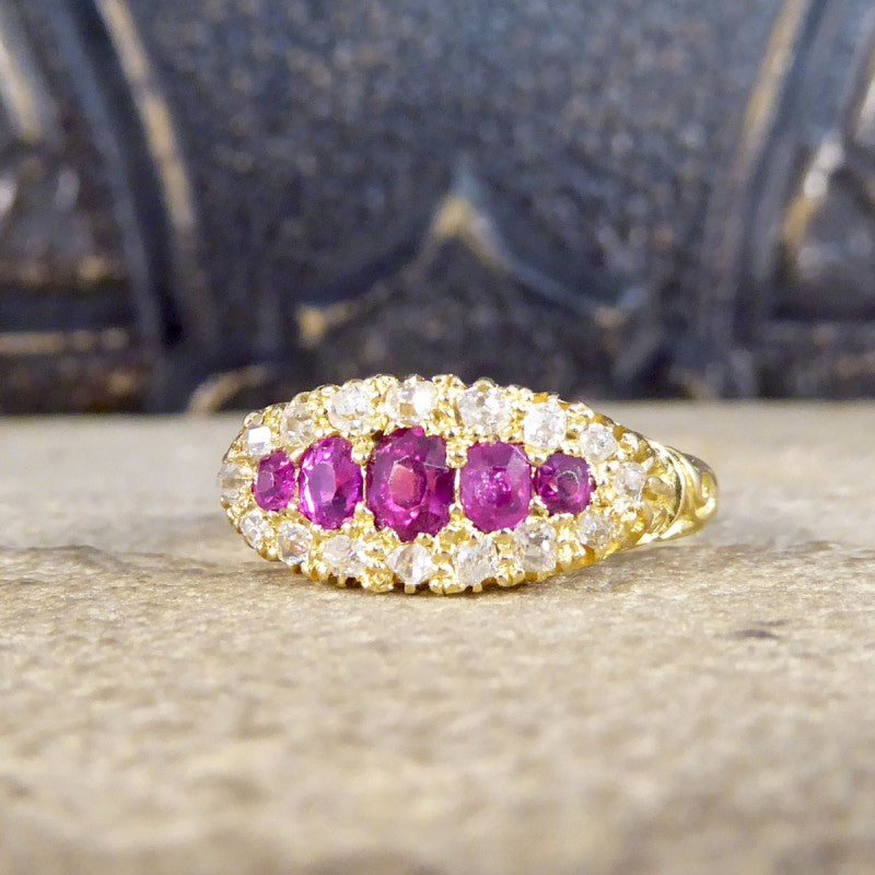 Antique Victorian Ruby Five Stone and Diamond Cluster Ring