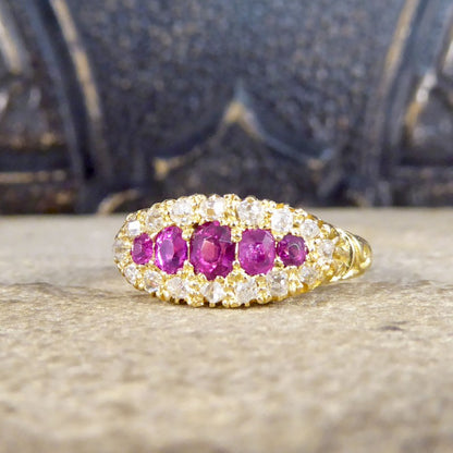 Antique Victorian Ruby Five Stone and Diamond Cluster Ring
