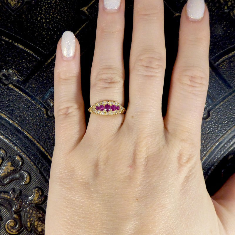 Antique Victorian Ruby Five Stone and Diamond Cluster Ring