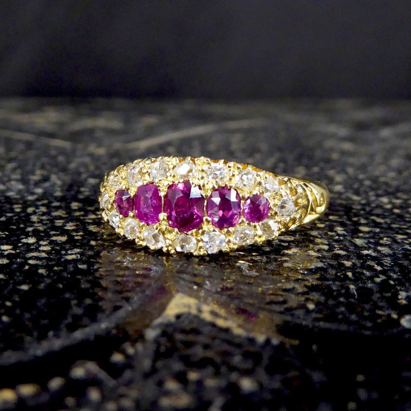 Antique Victorian Ruby Five Stone and Diamond Cluster Ring