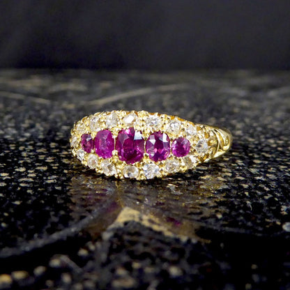 Antique Victorian Ruby Five Stone and Diamond Cluster Ring