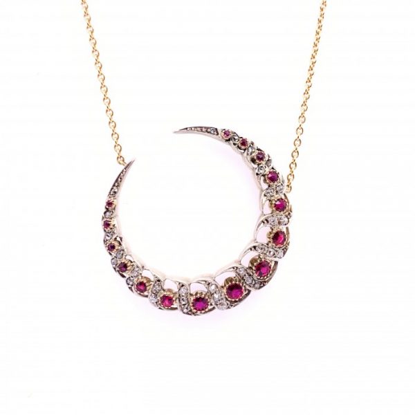 Antique Victorian Ruby and Diamond Crescent Pendant