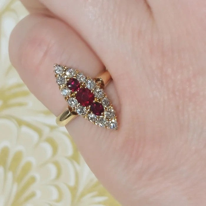Antique Victorian Ruby and Diamond Navette Cluster Ring