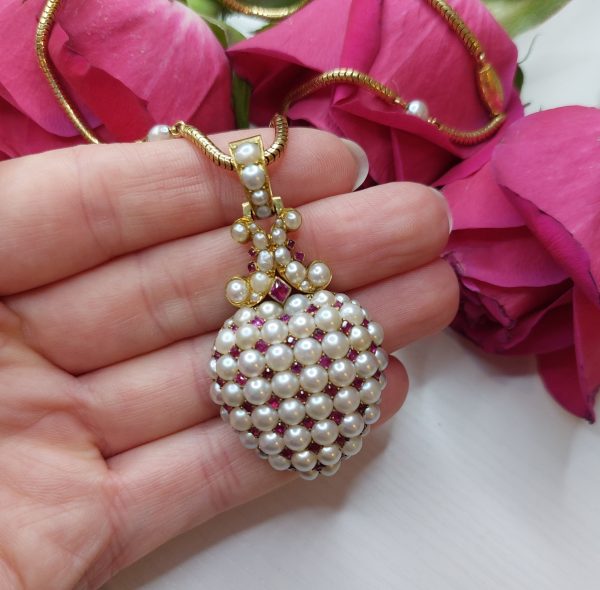 Antique Victorian Ruby and Pearl Heart Pendant with Chain 