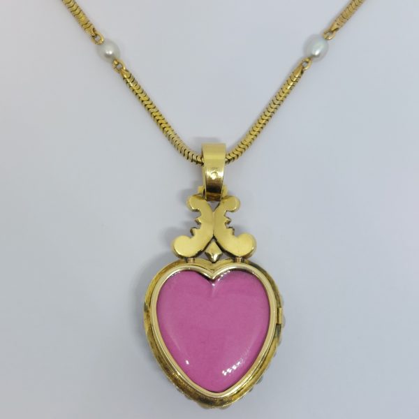 Antique Victorian Ruby and Pearl Heart Pendant with Chain 