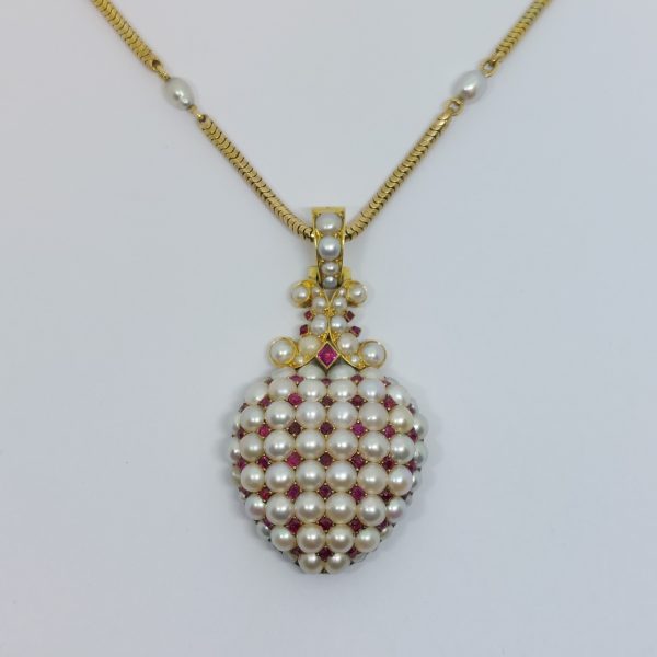 Antique Victorian Ruby and Pearl Heart Pendant with Chain 
