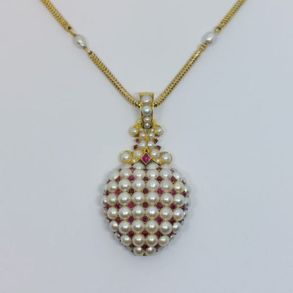 Antique Victorian Ruby and Pearl Heart Pendant with Chain 