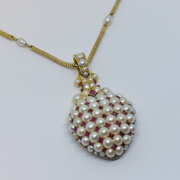 Antique Victorian Ruby and Pearl Heart Pendant with Chain 