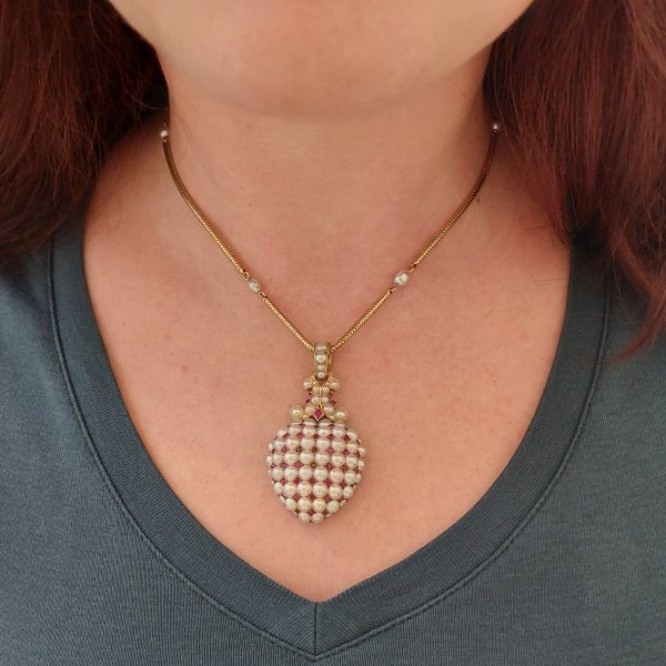 Antique Victorian Ruby and Pearl Heart Pendant with Chain 
